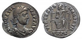 Gratian (367-383). AR Siliqua (17mm, 1.54g, 6h). Treveri, 378-383. Pearl-diademed, draped and cuirassed bust r. R/ Roma seated facing on throne, head ...