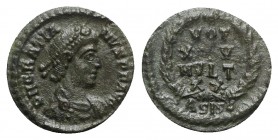 Gratian (367-383). Æ (14mm, 1.37g, 7h). Siscia. Diademed, draped and cuirassed bust r. R/ VOT/XV/MVLT/XX in four lines within laurel wreath; ASISC. RI...