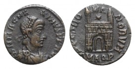 Magnus Maximus (383-388). Æ (13mm, 1.29g, 12h). Aquileia. Pearl-diademed, draped, and cuirassed bust r. R/ Camp gate with star between its two turrets...
