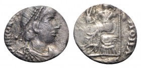 Honorius (393-423). AR Siliqua (14mm, 1.46g, 11h). Mediolanum(?). Pearl-diademed, draped and cuirassed bust r. R/ Roma seated l. holding Victory and r...