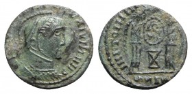 Barbaric issue, imitating Constantine I, c. 4th-5th century. Æ (16mm, 2.68g, 11h). Laureate, helmeted and cuirassed bust r. R/ Two victories standing ...