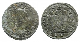 Barbaric issue, imitating Constantine I, c. 4th-5th century. Æ (18mm, 2.37g, 11h). Laureate, helmeted and cuirassed bust r. R/ Two victories standing ...