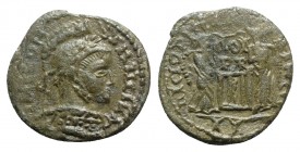 Barbaric issue, imitating Constantine I, c. 4th-5th century. Æ (18mm, 3.45g, 2h). Laureate, helmeted and cuirassed bust r. R/ Two victories standing f...