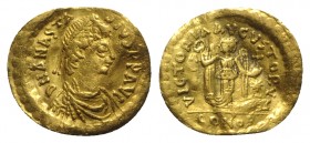 Anastasius I (491-518). AV Tremissis (14mm, 1.40g, 6h). Constantinople, 492-518. Diademed, draped and cuirassed bust r. R/ Victory advancing r., head ...