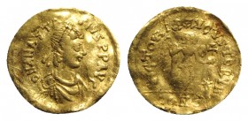 Anastasius I (491-518). AV Tremissis (15mm, 1.32g, 6h). Constantinople, 492-518. Diademed, draped and cuirassed bust r. R/ Victory advancing r., head ...