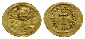 Maurice Tiberius (582-602). AV Tremissis (17mm, 1.50g, 6h). Constantinople, 583-602. Diademed, draped and cuirassed bust r. R/ Cross potent; CONOB. MI...