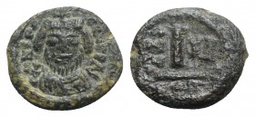 Maurice Tiberius (582-602). Æ 10 Nummi (14mm, 2.92g, 6h). Catania, year 3 (584/5). Crowned and cuirassed facing bust, holding globus cruciger and shie...
