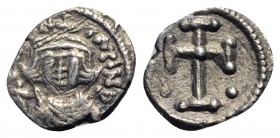Constans II (641-668). AR Half Siliqua (11mm, 0.44g, 9h). Carthage, 641-647. Crowned and draped bust facing, holding globus cruciger. R/ Cross potent ...