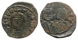Theophilus (829-842). Æ 40 Nummi (20mm, 3.23g, 6h). Syracuse, 830/1-842. Crowned facing bust of Theophilus, wearing loros, holding cross potent. R/ Cr...