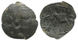 Andronicus II Palaeologus (1282-1328). Æ Trachy (21mm, 1.37g, 6h). Thessalonica. St. Demetrius standing facing. R/ Andronicus standing facing holding ...