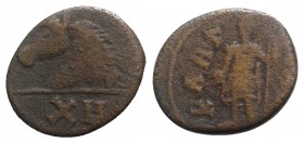 Vandals, Municipal coinage of Carthage, c. 480-533. Æ 12 Nummi (19mm, 4.65g, 9h), c. 523-3. Soldier standing facing, holding spear. R/ Head of horse l...