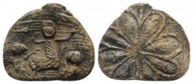 Medieval Pilgrim Lead Badge, c. 13th century (29mm, 9.69g). Sagittarius(?) standing facing, hands raised; two figures flanking. R/ Florar-stellate des...