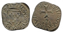 Italy, L'Aquila. Carlo VIII di Francia (1495-1496). Æ Cavallo (19.5mm, 1.01g, 6h). Crowned arms with fleur-de-lis. R/ Cross; below eagle facing, head ...