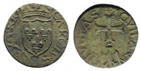 Italy, L'Aquila. Carlo VIII di Francia (1495-1496). Æ Cavallo (17.5mm, 2.49g, 7h). Crowned arms with fleur-de-lis. R/ Cross; below eagle facing, head ...