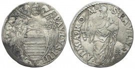 Italy, Papal States. Rome, Paolo IV (1555-1559). AR Giulio (27mm, 2.97g, 12h). Arms. R/ S. Paolo. Berman 1040. Flan slightly bent, near VF