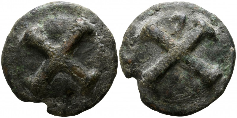 Apulia. Luceria circa 314-268 BC.
Aes Grave Quincunx

33mm., 37,12g.

Wheel...