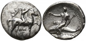 Calabria. Tarentum. ΣΙΜ- (Sim-), ϜHP- (Ϝer-), magistrates circa 340-325 BC. Nomos AR