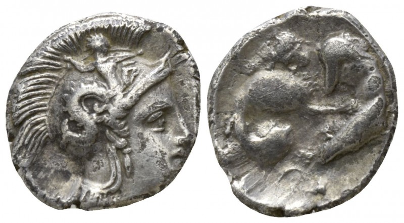 Calabria. Tarentum circa 325-280 BC.
Diobol AR

13mm., 1,10g.

Head of Athe...