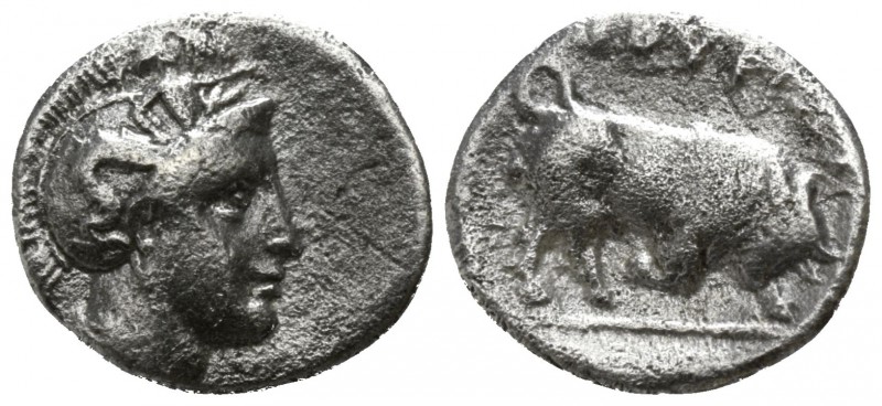Lucania. Thourioi circa 350-281 BC.
Diobol AR

11mm., 0,92g.

Head of Athen...