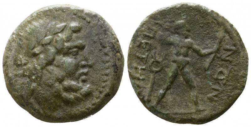 Bruttium. Petelia circa 215-210 BC.
Quadrans Æ

15mm., 3,21g.

Laureate and...