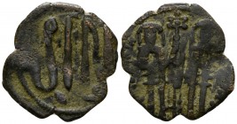 Andronicus II Palaeologus, with Michael IX 1282-1328 AD, (dated year 16=1302/3 AD).. Constantinople. Assarion Æ