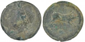 Apulia. Arpi. Circa 325-275 BC. Æ 22mm (5.80g, 21mm, 9h). Laureate head of Zeus left; thunderbolt behind / Wild boar right, spear above(?). HN Italy 6...