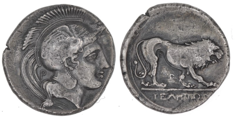 Lucania, Velia. Circa 340-334 BC. AR Nomos (21mm, 7.15g, 3h). Helmeted head of A...