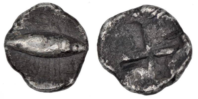 Mysia, Kyzikos. Circa 600-550 BC. AR Obol (9mm, 0.51g). Tunny left / Incuse squa...