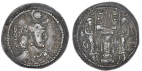 Sasanian kings. Yazdgird I. AD 399-420. AR Drachm (23mm, 3.03g, 3h). HLYDY (Herat) mint. Bust right on floral ornament / Fire altar with ribbons; flan...