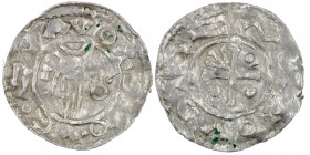 Czech Republic. Bohemia. Boleslav II 967 - 999. AR Denar (19mm, 1.32g). Prague mint. +OVALZ[__], hand of providence descending from clouds, I and &#69...