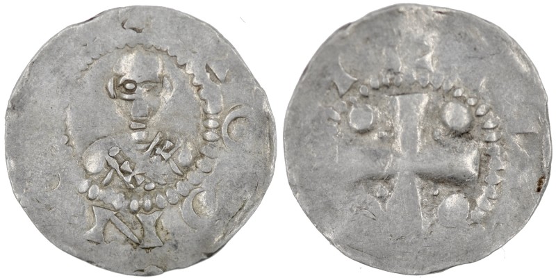Germany. Mainz. Heinrich II 1002-1024. AR Denar (18mm, 1.71g). [+M]OGN[CA], bust...