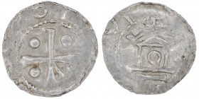 Germany. Duchy of Saxony. Worms. Otto III 983-1002. AR Denar (17mm, 1.19g). [+OT]TO [IMP AVG], cross in angels 3 pellets and a crosier / Church facade...