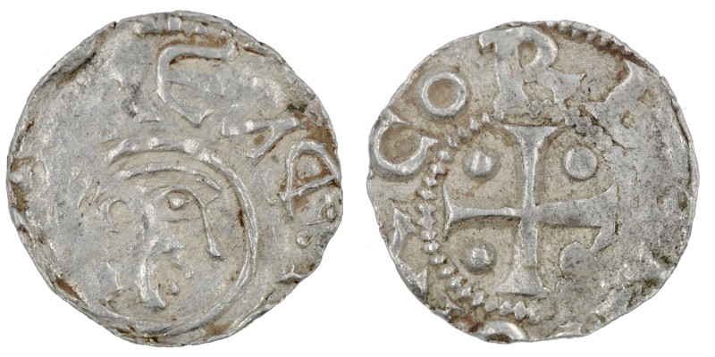 Germany. Corvei. Heinrich II 1002-1024. AR Denar (16mm, 1.38g). HЕИЯ[__], head r...