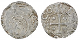 Germany. Corvei. Heinrich II 1002-1024. AR Denar (16mm, 1.38g). HЕИЯ[__], head right / CORB[EIA]X, cross with pellets in each angle. Dbg. 833 var (hea...