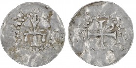 Germany. Duchy of Swabia. Otto III 983-1102. AR Denar (18mm, 1.14g). Strasbourg mint. Lilly / Cross with Crosier in one angle. Dbg. 913 var. Fine, fla...