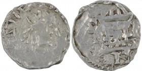 Germany. Duchy of Swabia. Heinrich II 1002-1024. AR Obol (13mm, 0.53g). Strasbourg mint. Crowned head right / Church with cross in the center. Dbg. 91...