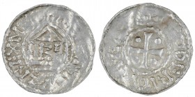 Diocese of Metz. Theodoric II. 1004-1046. AR Denar (22mm, 1.45g). Cross with pellet in each angle / Temple on columns, E inside. Dbg. 19-20 var.; Weil...