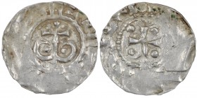 The Netherlands. Friesland. Ekbert I. 1038/9- ? AR Denar (17mm, 0.90g). Unknown mint (imitation?). Omega, on top small cross / Cross with pellets in e...