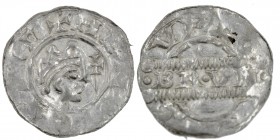 The Netherlands. Friesland. Bruno III 1050-1057. AR Denar (16.5mm, 0.48g). Uncertain mint in Friesland. HE[NRICVSR]E+, crowned head right, scepter bef...