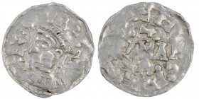 The Netherlands. Aachen. Heinrich II 1002-1024. AR Denar (18mm, 1.36g). Aachen mint. [HE]NRIC[VS]REX, diademed bust left / [_]H[_]GRANI[__]?, across [...
