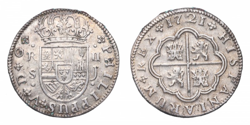 1721. Felipe V (1700-1746). Sevilla. 2 reales. J. Ag. Bonita pátina. EBC / EBC-....