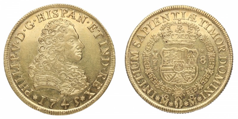 1745. Felipe V (1700-1746). México. 8 escudos. MF. Au. Muy bella. Brillo origina...