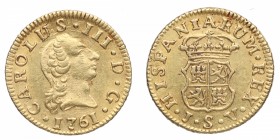 1761. Carlos III (1759-1788). Sevilla. 1/2 Escudo. PJ. Bella. Brillo original. EBC. Est.275.