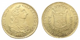 1767. Carlos III (1759-1788). Lima. 8 escudos. JM. Au. Bella. Brillo original. Insignifacntes hojitas. SC- / EBC+. Est.5000.