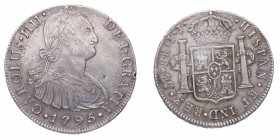 1795. Carlos IV (1788-1808). Lima. 8 reales. IJ. Ag. Bonita pátina. EBC / MBC+. Est.60.