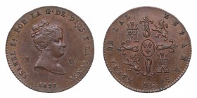 1837. Isabel II (1833-1868). DG. 2 maravedís. Cu. Rara. SC. Est.900.