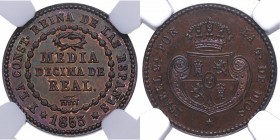 1853. Isabel II (1833-1868). Segovia. 1/2 décima. Cu. Bella. Muy rara así. PROOF. Est.600.