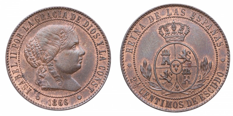 1866. Isabel II (1833-1868). Segovia. 2,5 céntimos. Cu. Bella. Brillo original. ...