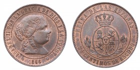 1866. Isabel II (1833-1868). Segovia. 2,5 céntimos. Cu. Bella. Brillo original. SC-. Est.130.