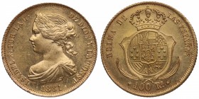 1861. Isabel II (1833-1868). Madrid. 100 reales. A&C 910. Au. Bella. Brillo original. SC. Est.375.